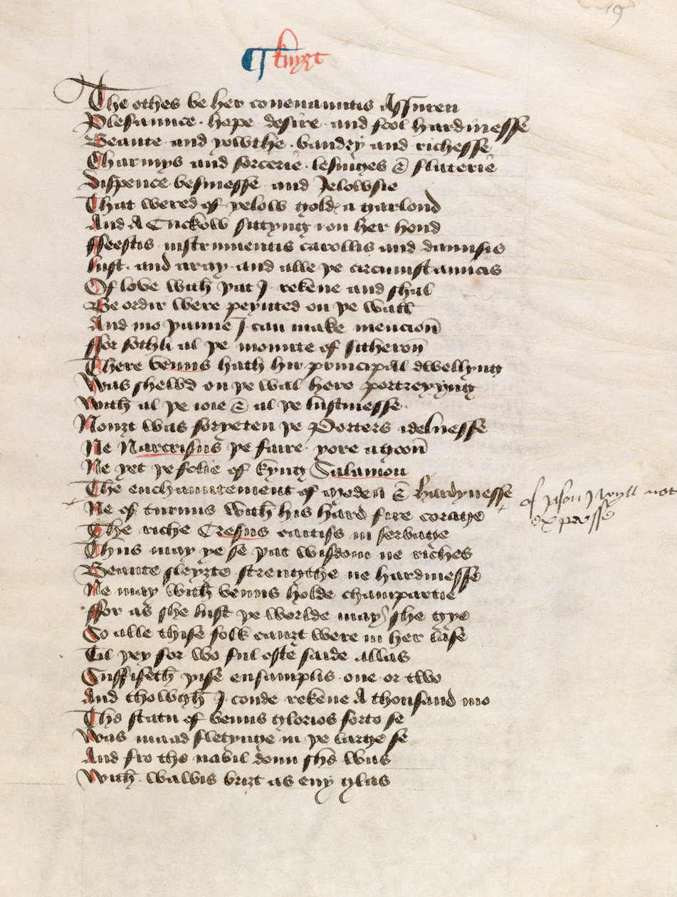 Ms. New Coll 314, f19r, The Canterbury Tales, Geoffrey Chaucer (toll és tinta pergamen) alkotó: English School
