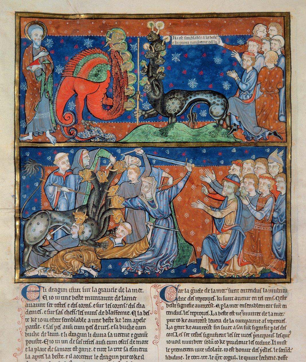 Ms R.16.2 f.14b A hétfejű fenevad megölése, a Szentháromság apokalipszisből, angol-normann, 1250 körül (pergamen). alkotó: English School