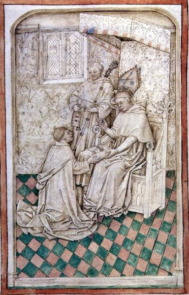 Ms R 14.5 f.8v Thomas Bekynton, Bath és Wells püspöke fogadja Chaundlert, az abingdoni misekönyvből, 1457-61. alkotó: English School