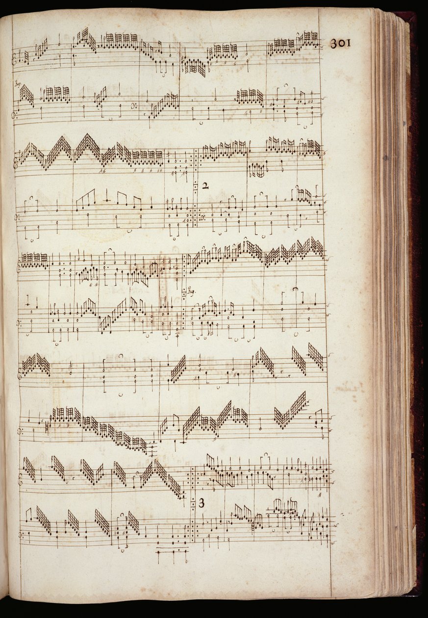 Mu Ms 168, 301. o.: oldal a Fitzwilliam Virginalból, valamint a 16. és a 17. század eleji billentyűs zenék antológiája (tintával papíron) alkotó: English School