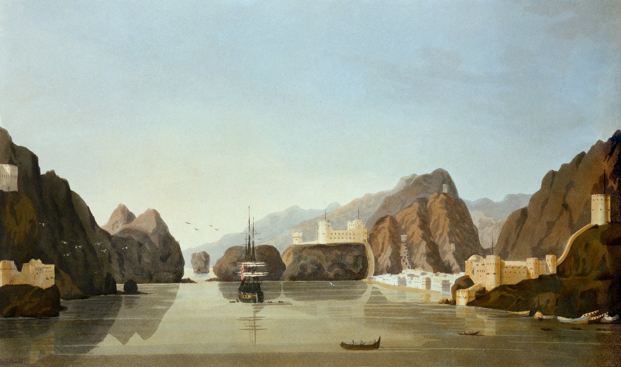 Muscat a kikötőből egy brit fregatttal a horgonyban, R. Temple hadnagy által készített Tizenhat kilátás a helyekről a Perzsa-öbölben, 1813-ban (akvatinta) alkotó: English School