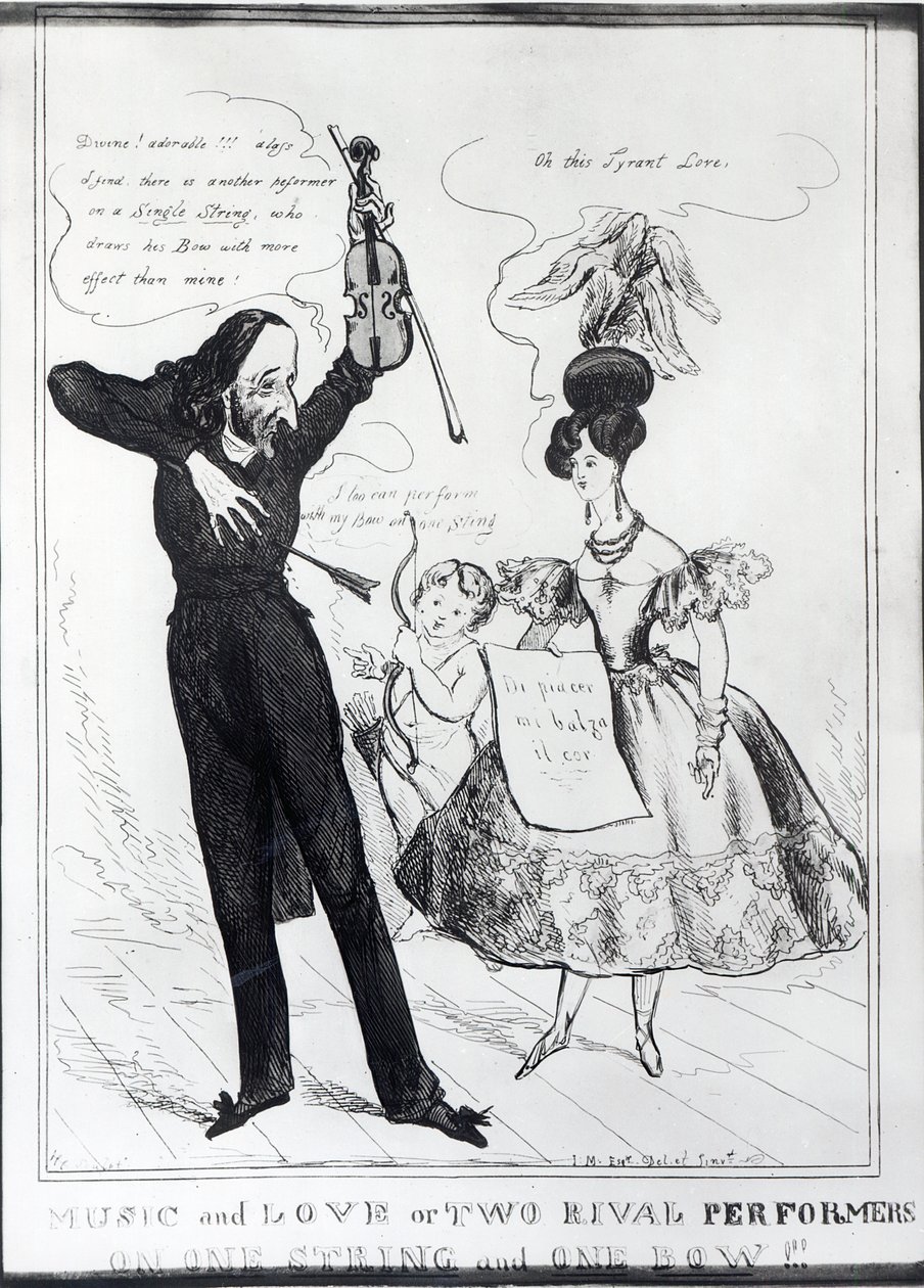 „Zene és szerelem vagy két rivális előadó egy húron és egy íjjal”, Hector Berlioz (1803-69) és Harriet Smithson (1800-54) karikatúrája alkotó: English School