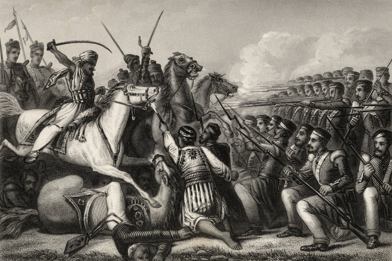 A lázadó lovasság egy gyalogsági teret támadott meg a cawnpore-i csatában 1857-ben, az 1858-ban megjelent „The History of the Indian Mutiny” c. alkotó: English School