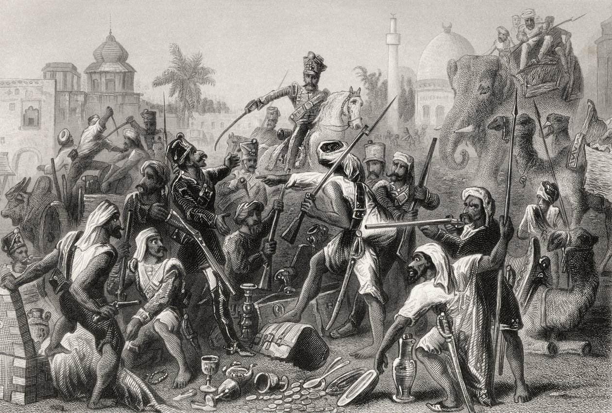 Az 1858-ban megjelent „Az indiai lázadás története” című lázadó sepoyok zsákmányt osztanak alkotó: English School