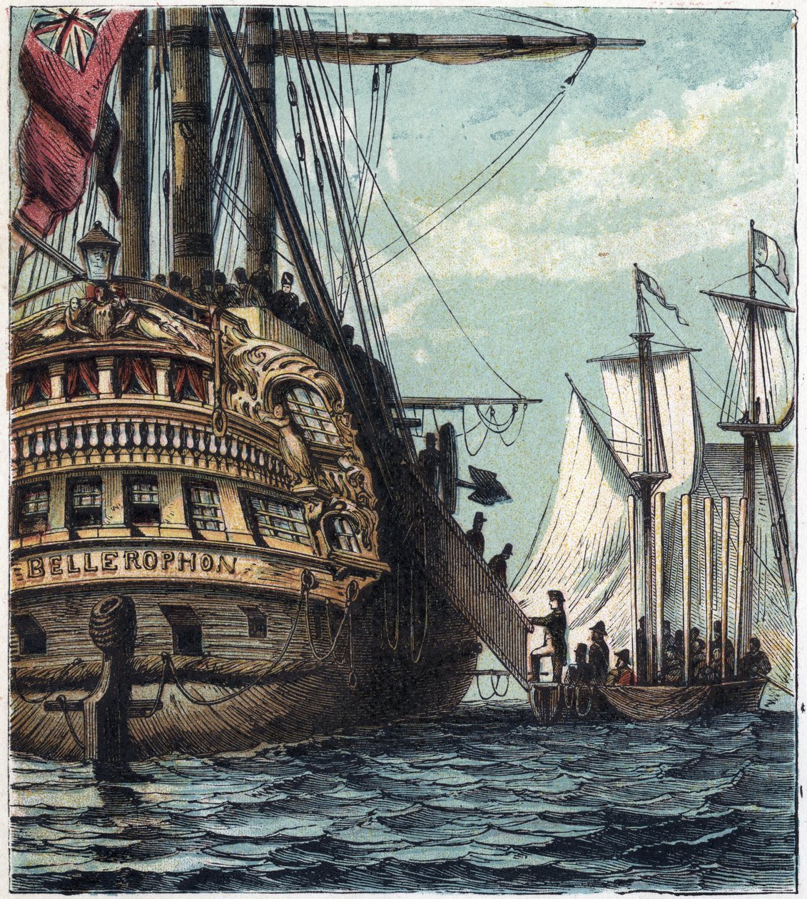 I. Napóleont az angolokhoz szállítják. Felszállás Napóleonból Sainte-Helene-be (Sainte Helene) a Bellerophon fedélzetén július 15-én alkotó: English School