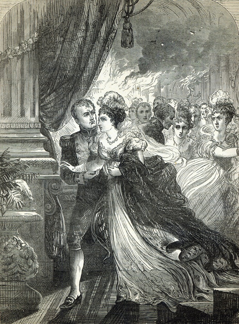 Napóleon és Marie-Louise a tűz elől menekülő bálon, amelyet 1810. július 1-jén adott az osztrák nagykövet a császári pár házassága tiszteletére alkotó: English School