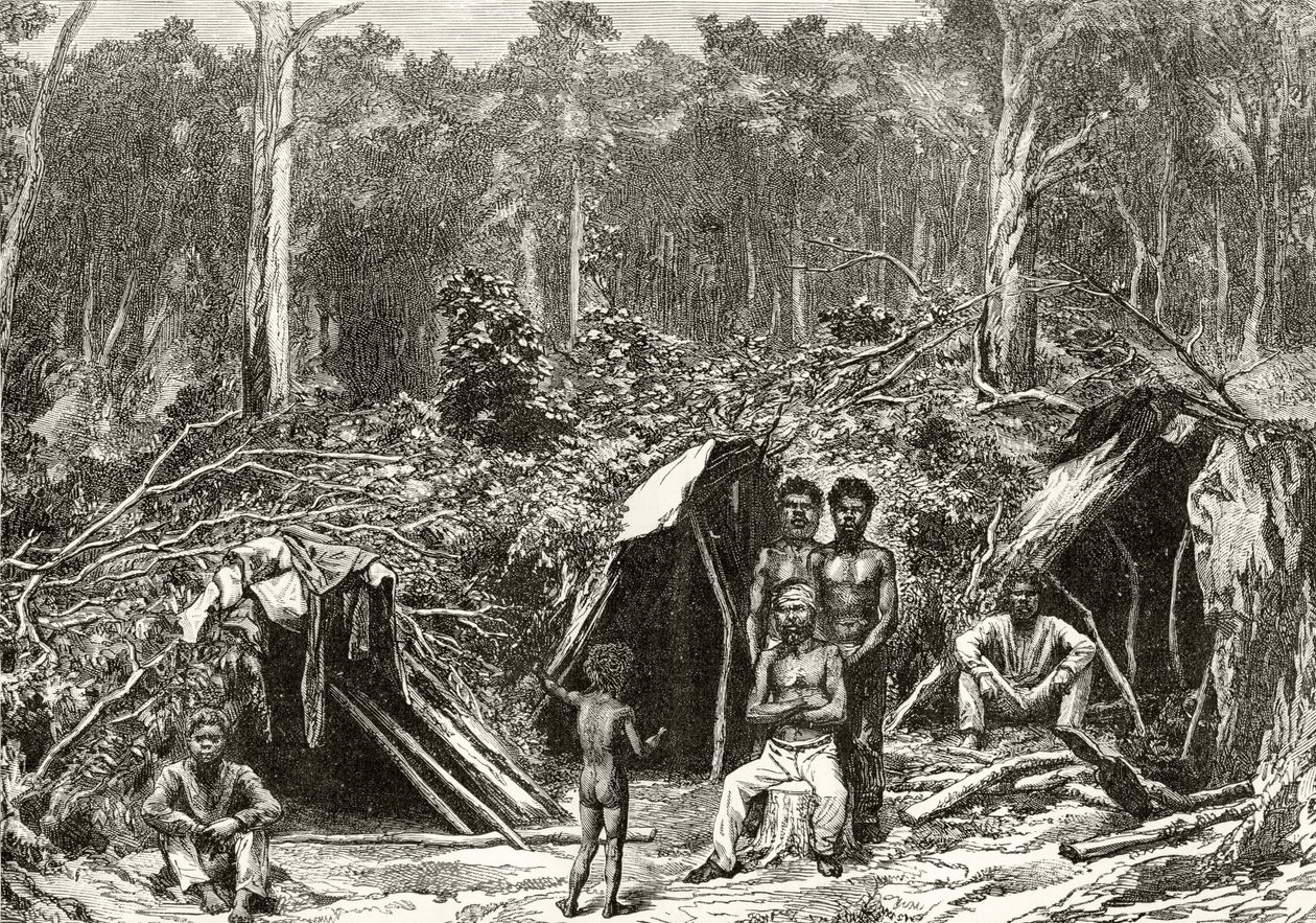 Native Aboriginie Campment, 1880 körül, Howard Willoughby „Australian Pictures” című művéből, a Religious Tract Society, London, 1886 alkotó: English School