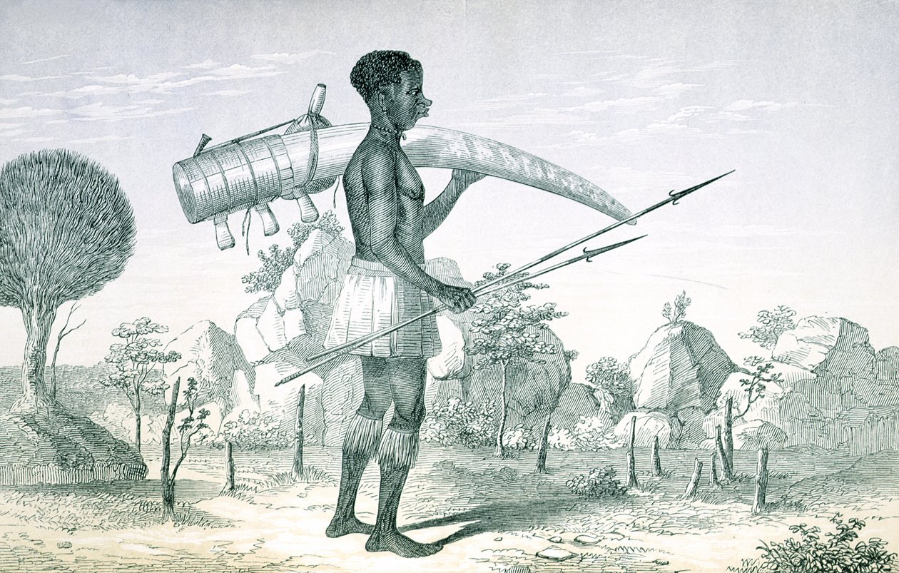 Díszített elefántcsont-agyarat hordozó őslakos, a Közép-afrikai tóvidékről, Richard F. Burton (1821-90), 1860 alkotó: English School
