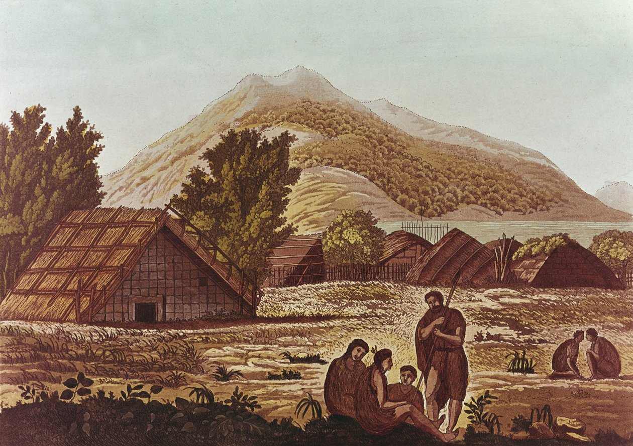 Bennszülöttek, mögött kunyhók és hegyek, F. Fumagalli metszet (színes metszet) alkotó: English School