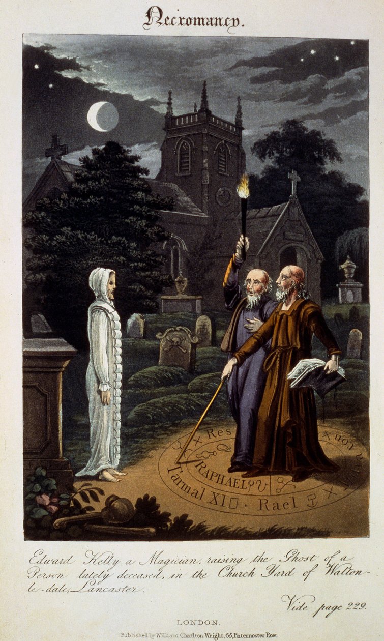 Nekromantia: Edward Kelly, egy varázsló, aki egy nemrég elhunyt személy szellemét neveli fel a lancasteri Walton-le-dale-i templomudvarban, Robert Cross „A tizenkilencedik század asztrológusa” című művéből. alkotó: English School
