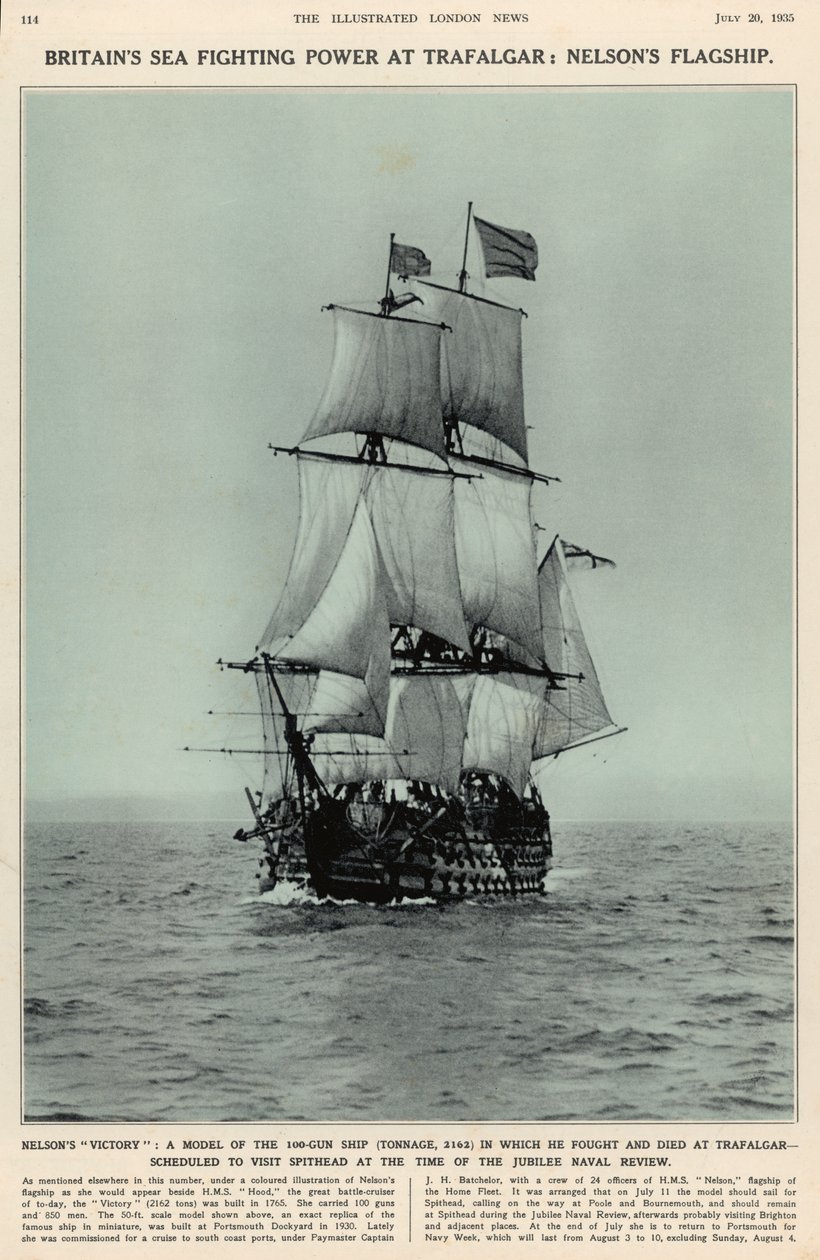 Nelsons Victory: annak a 100 ágyús hajónak a modellje, amelyen Trafalgarban harcolt és meghalt, a The Illustrated London News Royal Naval and Military Review számából, 1935. július 20. alkotó: English School