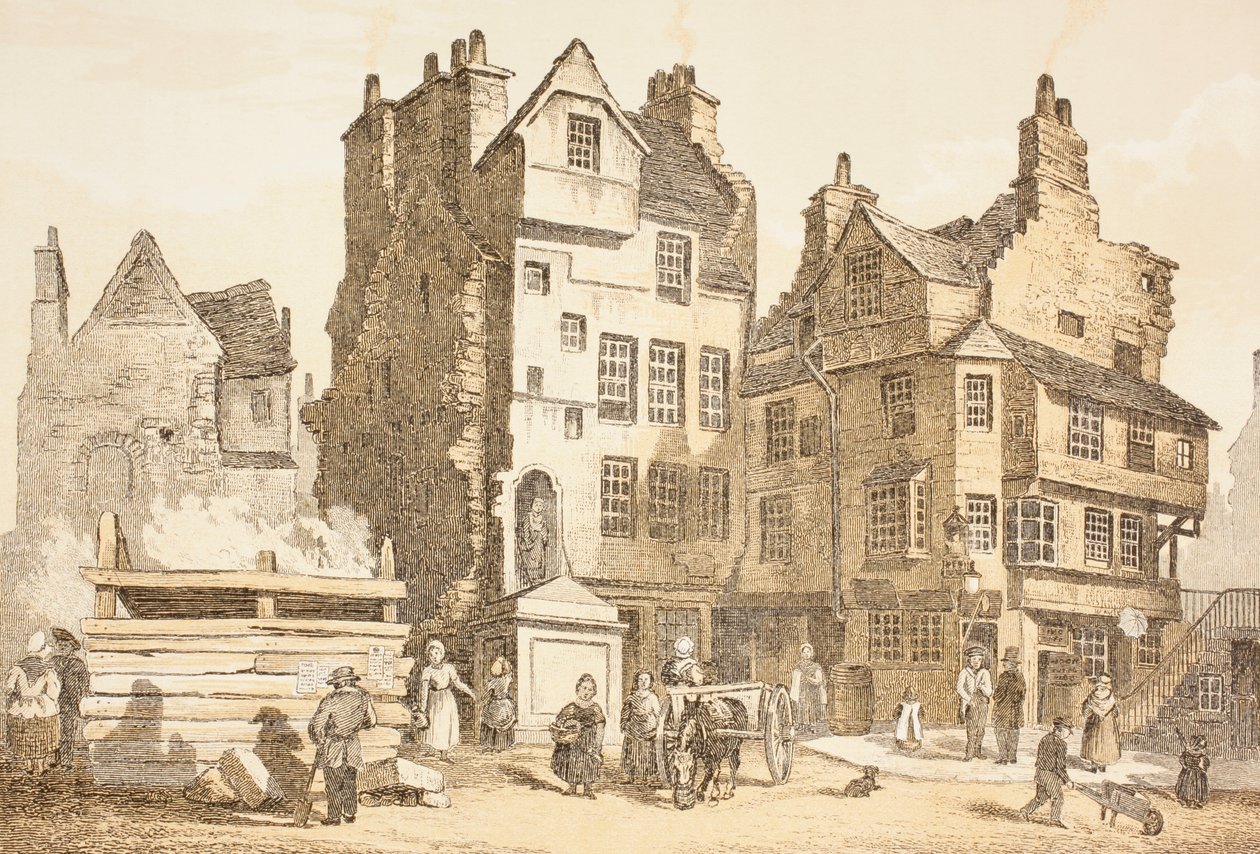 Netherbow House, Edinburgh, ahogy 1843-ban, John Howie „The Scots Worthies” című művéből, 1879-ben megjelent második kiadás alkotó: English School