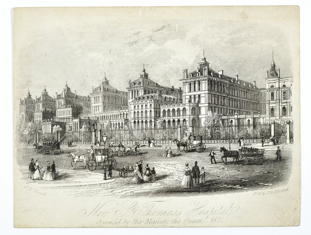 Új St. Thomass Kórház, amelyet Őfelsége, a Királynő nyitott meg 1871-ben, pub. J.T. Faipari alkotó: English School