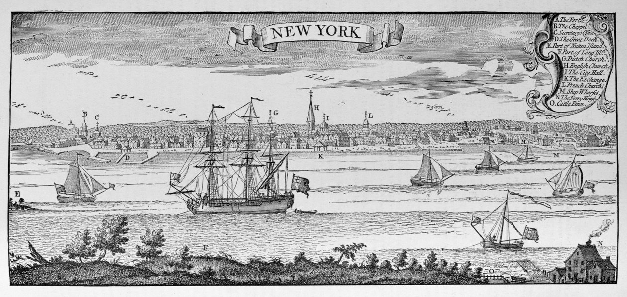 New York 1732-ben, illusztráció az „Amerika narratív és kritikai története” V. kötetéből, 1887 (metszet) alkotó: English School