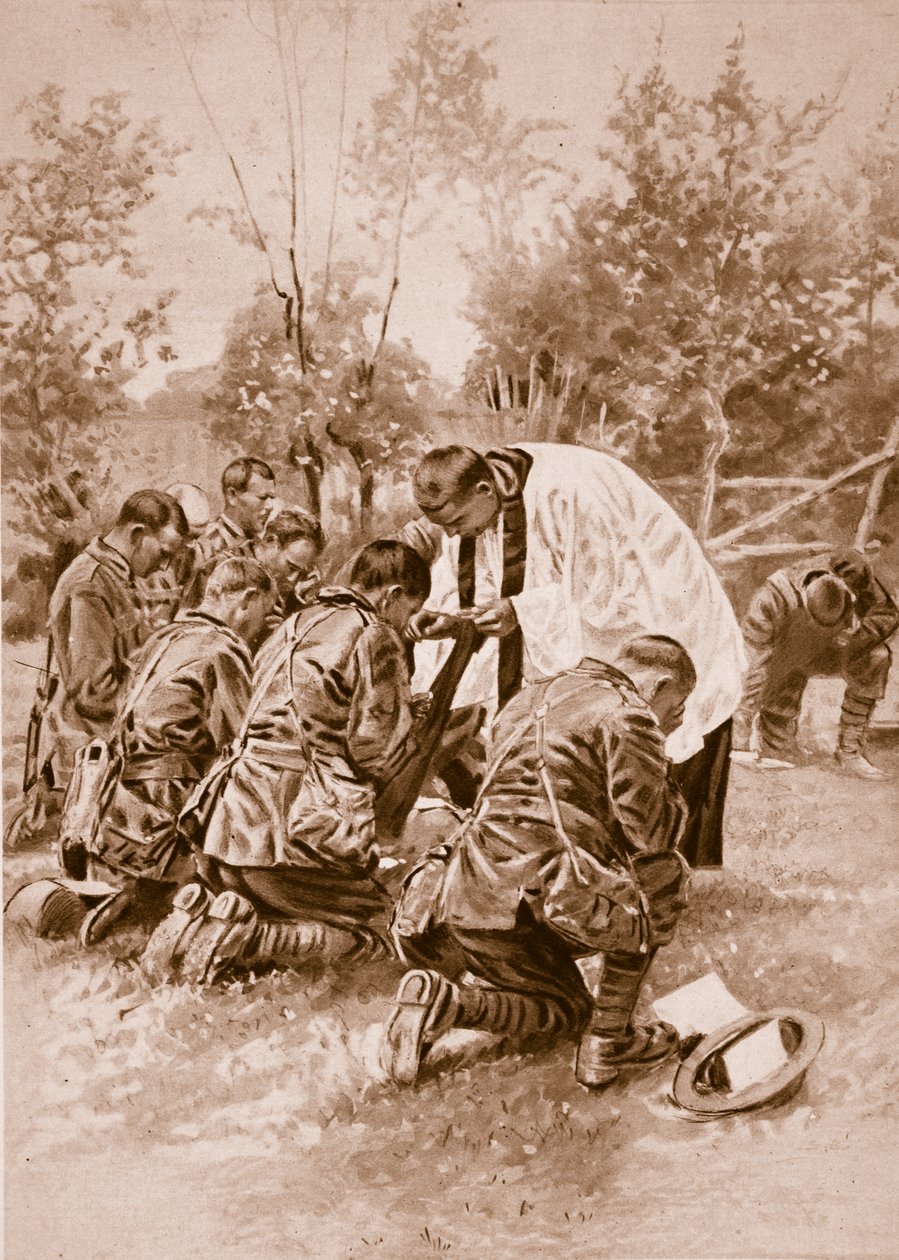 Az új-zélandi hadsereg lelkésze szentáldozást szolgáltat a katonáknak csata előtt, 1914-1919 alkotó: English School