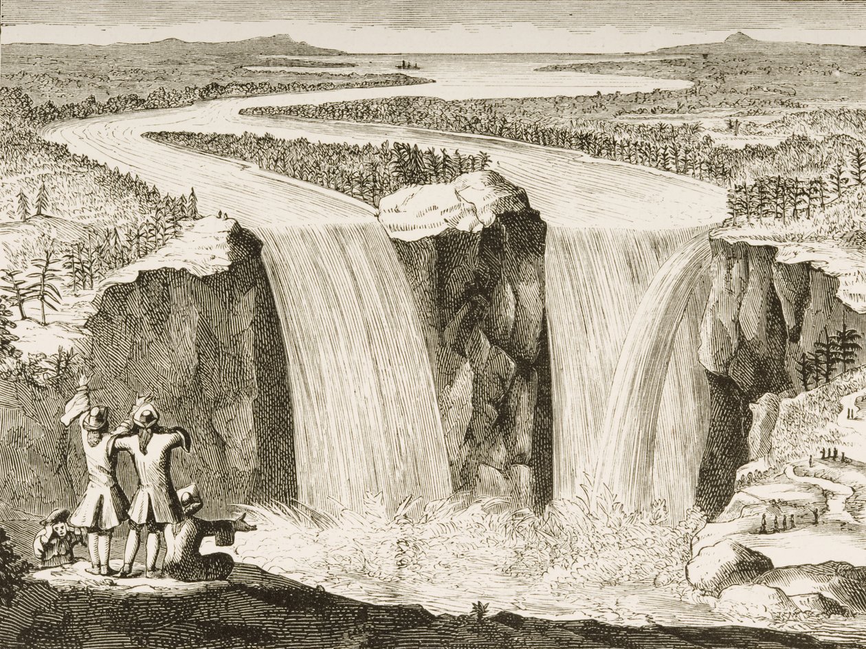 Niagara-vízesés, Hennepin atya 1677-ben készített vázlata után, a Religious Tract Society által 1876-ban kiadott „American Pictures”-ből alkotó: English School