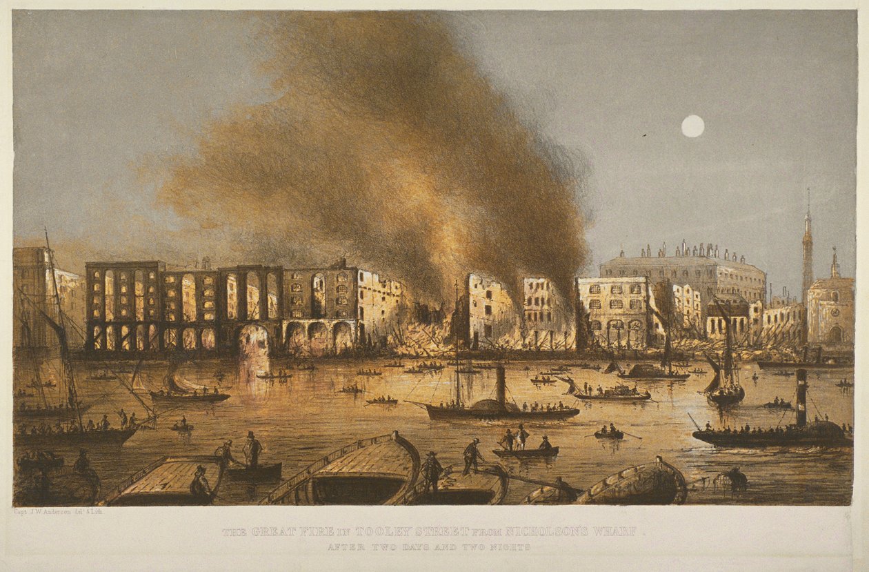 Éjszakai nézet az 1861-es tűzvészről a Tooley Street-ben, Bermondsey államban, 1861 alkotó: English School