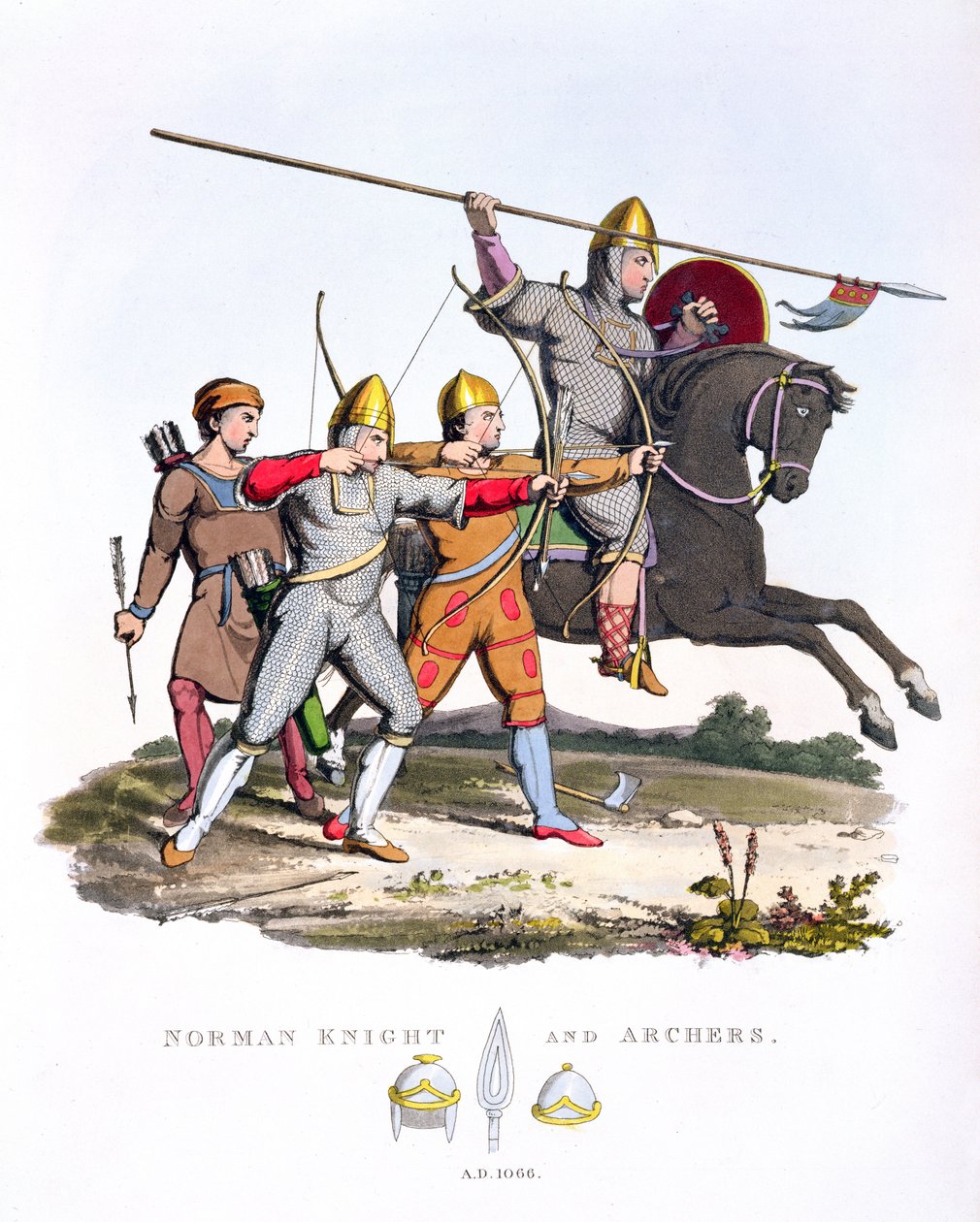 Norman Knight és Archers, 1066, az Ancient Armourból, Samuel Rush Meyrick, 1824 alkotó: English School
