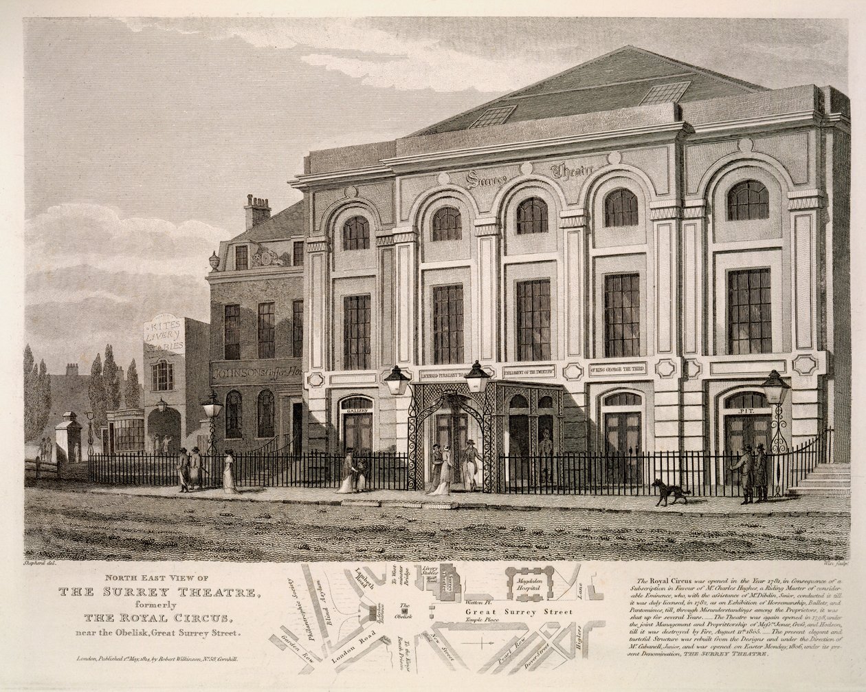 Északkeleti kilátás a Surrey Színházra, korábban a Királyi Cirkuszra az obeliszk közelében, Great Surrey Street, 1814 alkotó: English School