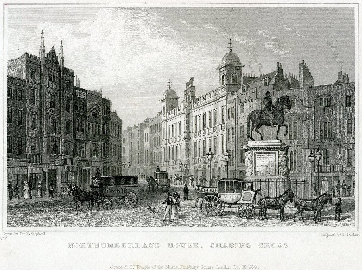 Northumberland House, Charing Cross. A Bishs Lottery Office, No 9 Charing Cross, a Golden Cross Hotel szomszédságában található alkotó: English School
