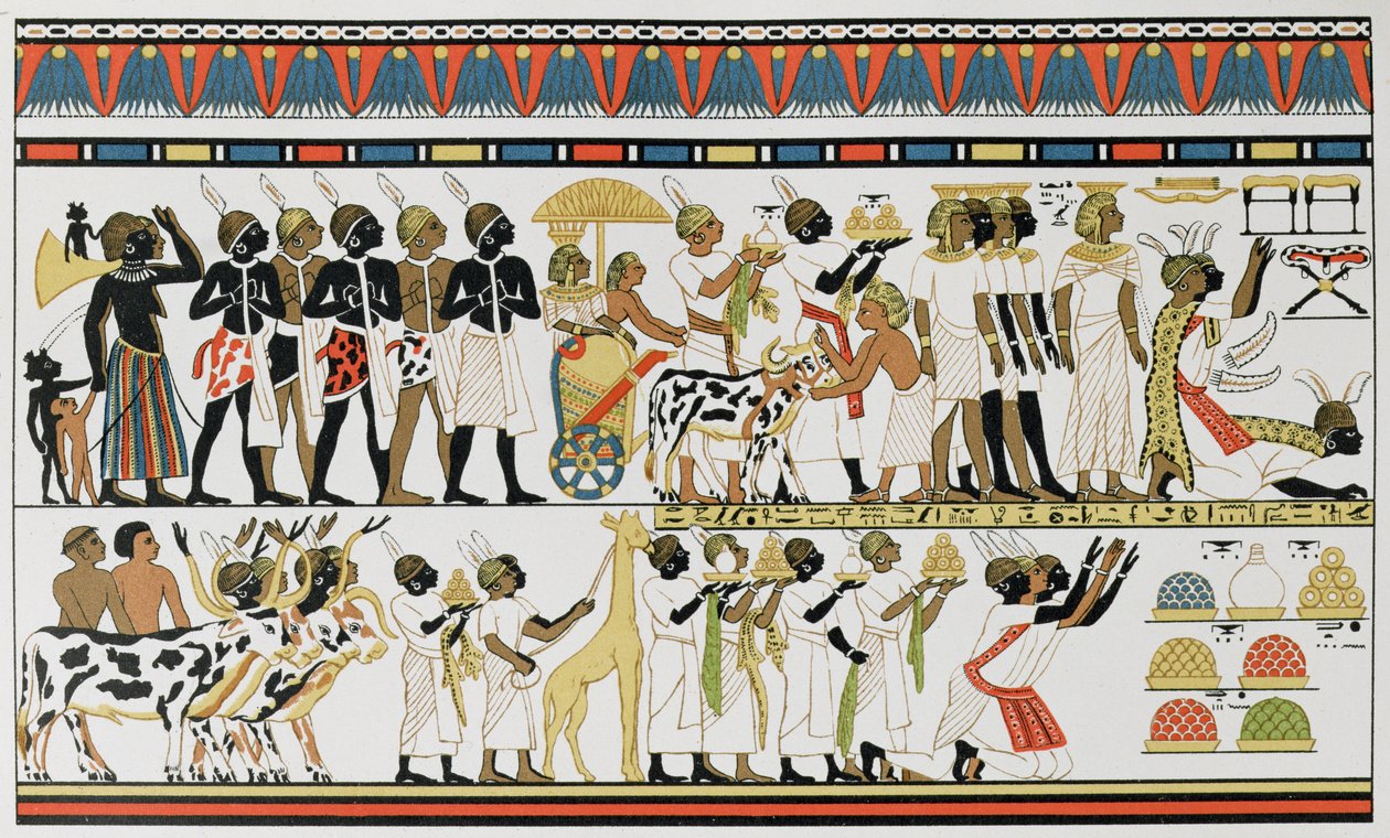 Núbiai főnökök ajándékot hoznak Egyiptom királyának, egy ókori egyiptomi falfestmény másolata egy thébai sírból, Kr.e. 1380 körül, Az emberiség története III. kötetéből, Friedrich Ratzel professzor, 1898 alkotó: English School