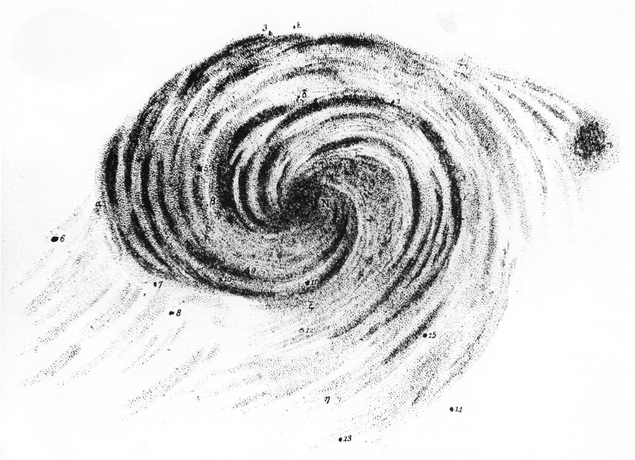 Az örvénylő galaxis megfigyelése Canes Venaticiban, Lord Rosse köd megfigyeléseiből, Londonban, 1850 alkotó: English School