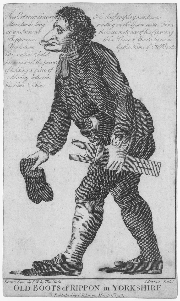Old Boots of Rippon Yorkshire-ben, J. Strange metszete (18. század) Timothy Grin rajza alapján, kiadó: C. Johnson, 1793 alkotó: English School