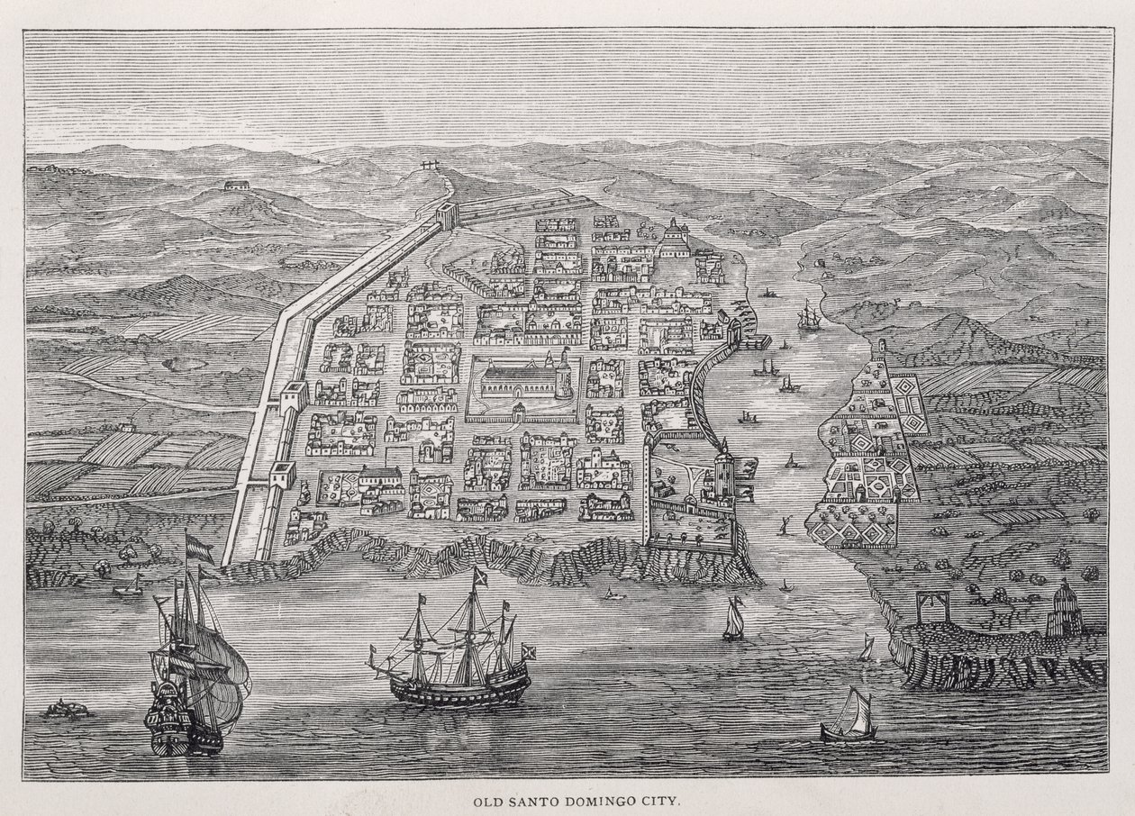 Régi Santo Domingo város Drake expedíciója idején, Samuel Hazard „Santo Domingo múltja és jelene” című kocsmából. 1873 alkotó: English School