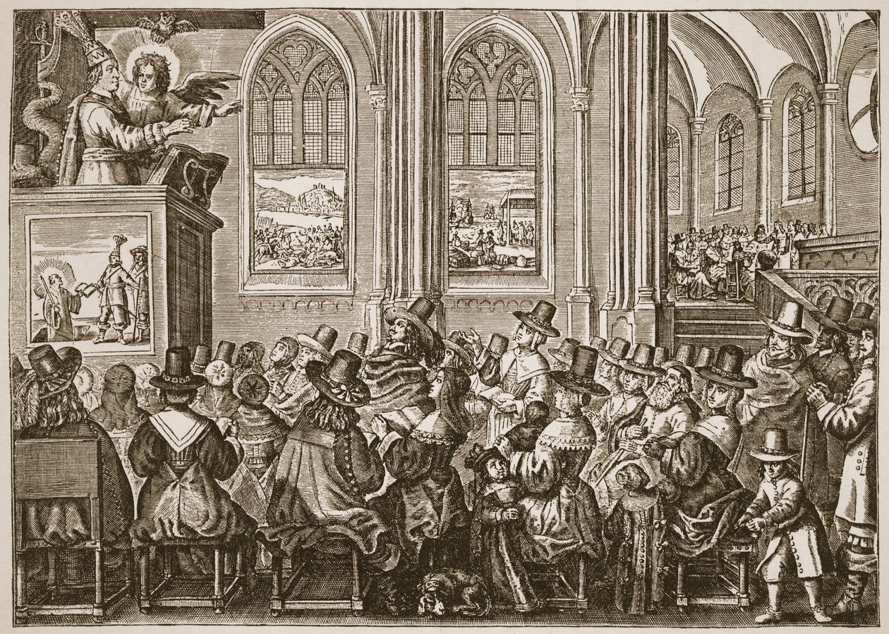 Oliver Cromwell prédikál egy puritán gyülekezetnek, illusztráció a The Church of England: A History for the People-ből, H.D.M. Spence-Jones, kocsma. 1910 körül (szépia fotó) alkotó: English School