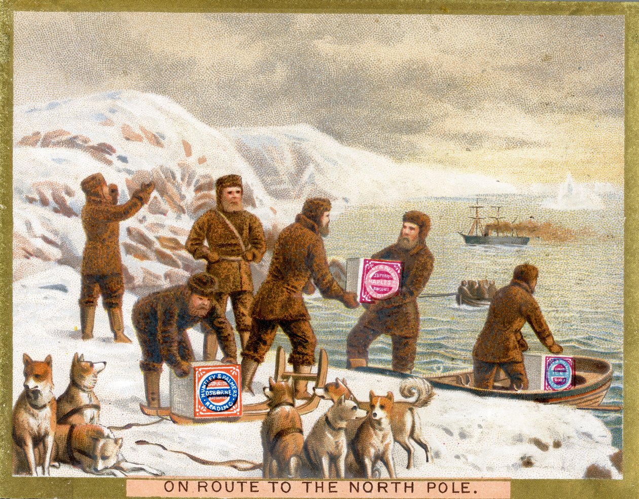 Az Északi-sarkra vezető úton, a Huntley & Palmers Biscuits promóciós kártyája, 1890 körül alkotó: English School