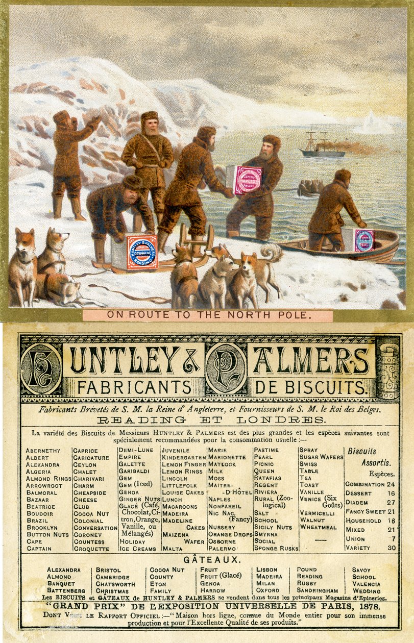 Útban az Északi-sarkra, a francia piacra gyártott Huntley & Palmers Biscuits promóciós kártyájának eleje és hátulja, 1890 alkotó: English School