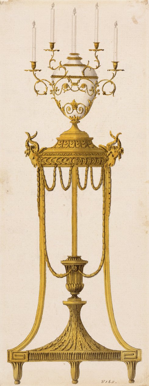 Eredeti terve háromlábú állványhoz és gyertyákhoz való vázához, a "Works in Architecture" című művéből, Robert és J. Adam, 1773 alkotó: English School