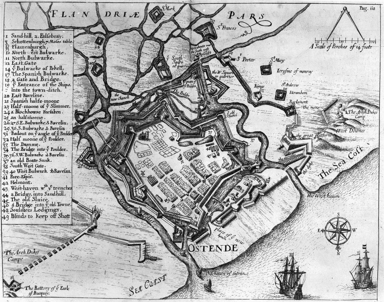 Ostende, a "Commentaries, Being Diverse pieces of service, wherein he was command" (Kommentárok, sokféle szolgálat, ahol ő volt a parancsnokság) című könyvéből, Vere Ferenc (1560-1609), pub. William Dillingham, 1657 (metszet) alkotó: English School