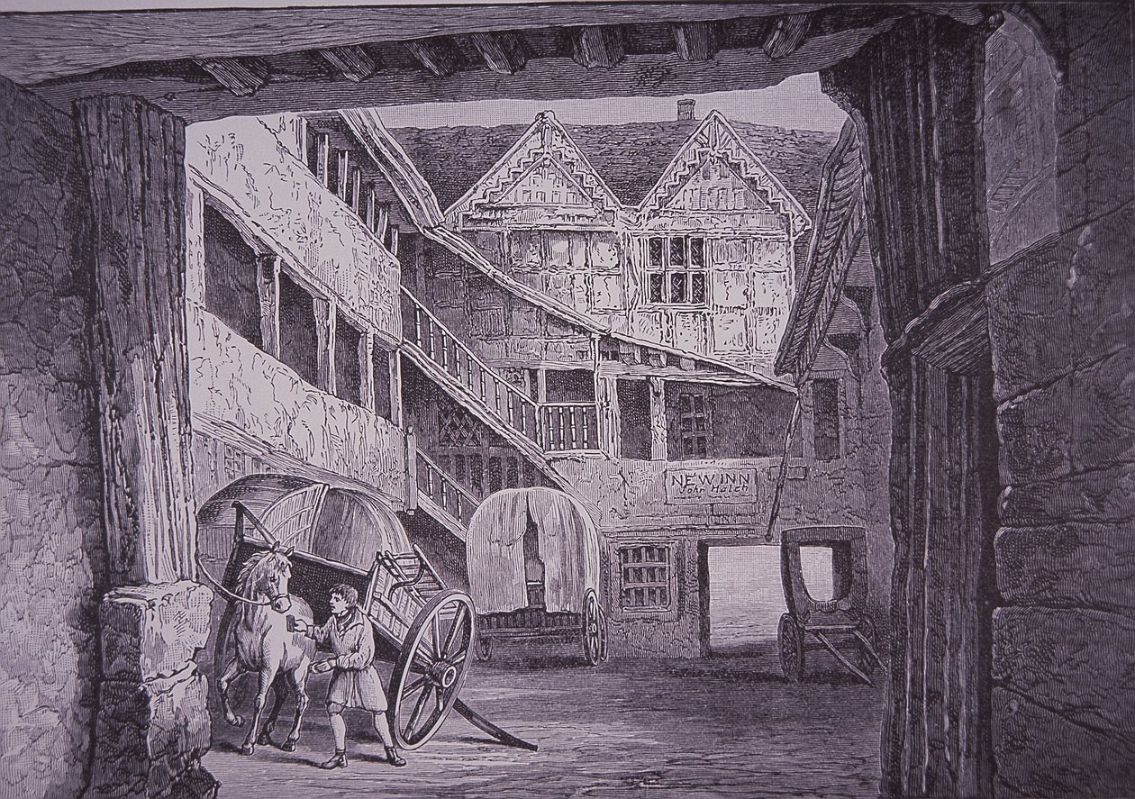 Ostler ló kíséretében a New Inn udvarán, Gloucesterben (fametszet) alkotó: English School