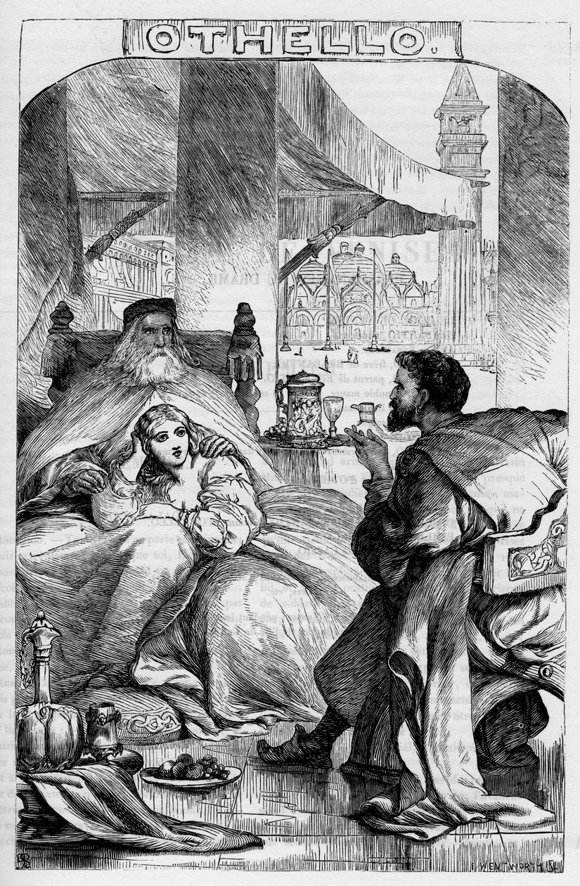 Othello, a velencei mór – Illusztráció a „” befejezte William Shakespeare-ben” 1866 – A kiadás illusztrációi és általános formája Cassell illusztrált Shakespeare-jéből származik, amely Londonban jelent meg. alkotó: English School