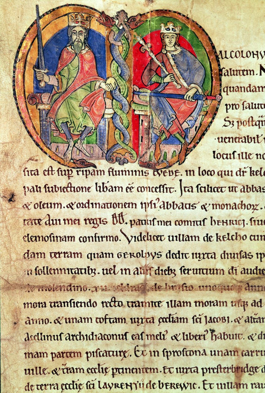 Oldal a Kelso Apátság Chartájából I. Dávid királyt (1084-1153) és unokáját, IV. Malcolmot (1141-65) ábrázoló, világító kezdőbetűvel, 1159 (vellum) alkotó: English School