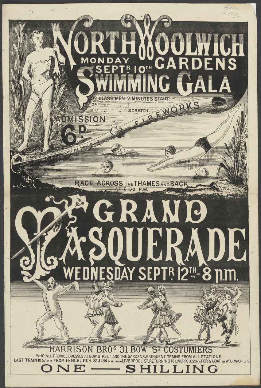 Brosúra a „Swimming Gala and Grand Masquerade, North Woolwich Gardens” című kiadványhoz alkotó: English School