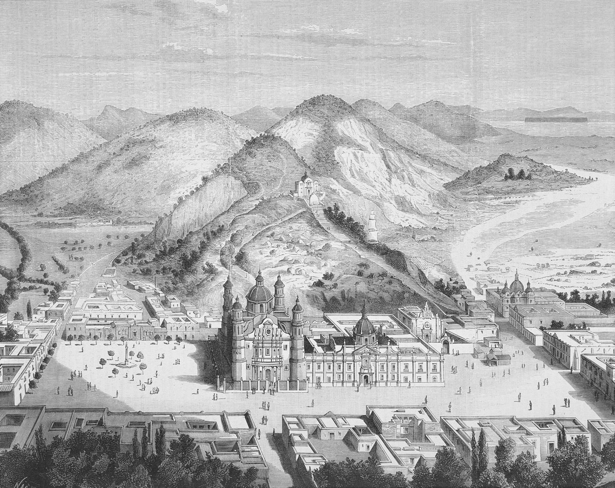 Panorámás kilátás a Basilica de Guadalupe-ra, Mexikóváros 1880-as évek (metszet) alkotó: English School