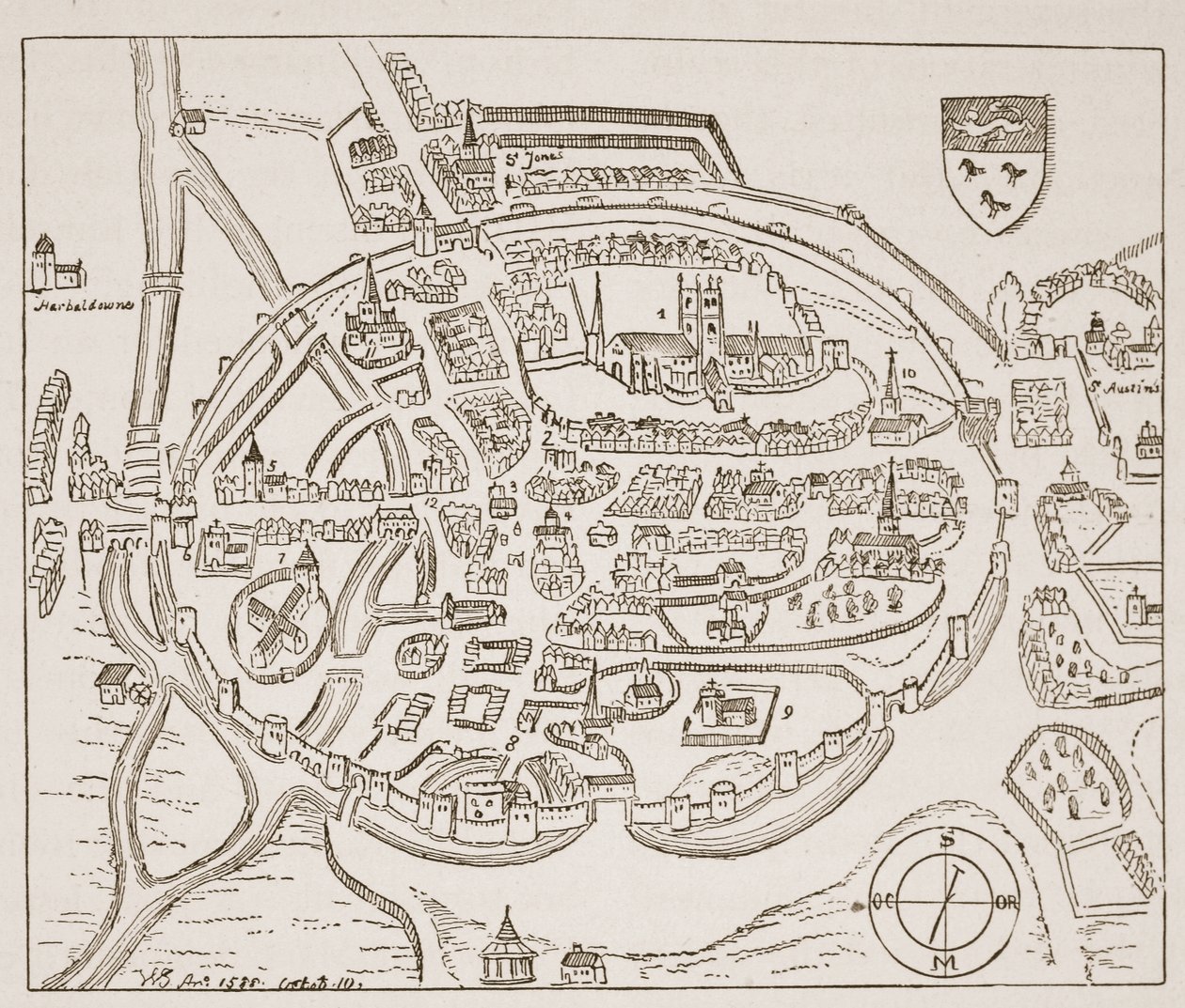 Panorámás kilátás Canterburyre a 16. században, illusztráció a The Church of England: A History for the People-ből, H.D.M. Spence-Jones, kocsma. 1910 körül (szépia fotó) alkotó: English School