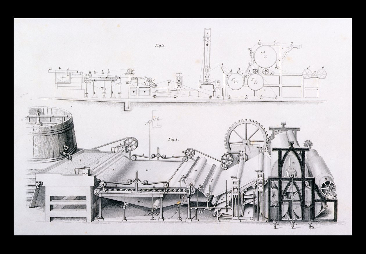 Papírkészítő gép a Cyclopaedia of Useful Arts & Manufactures-ból, szerkesztette Charles Tomlinson, 1880-as évek alkotó: English School