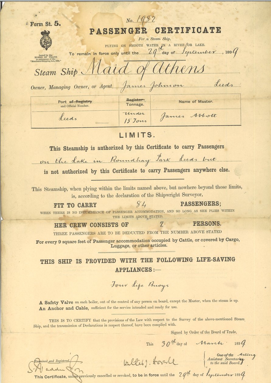 Utasigazolvány a The Maid of Athens gőzhajóhoz alkotó: English School