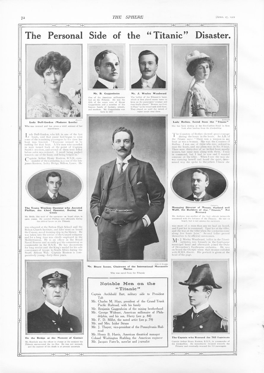 Az RMS Titanic utasai, fényképek és információk a Titanichoz köthető nevezetes személyekről, a The Sphere-ből, 1912. április 27. alkotó: English School