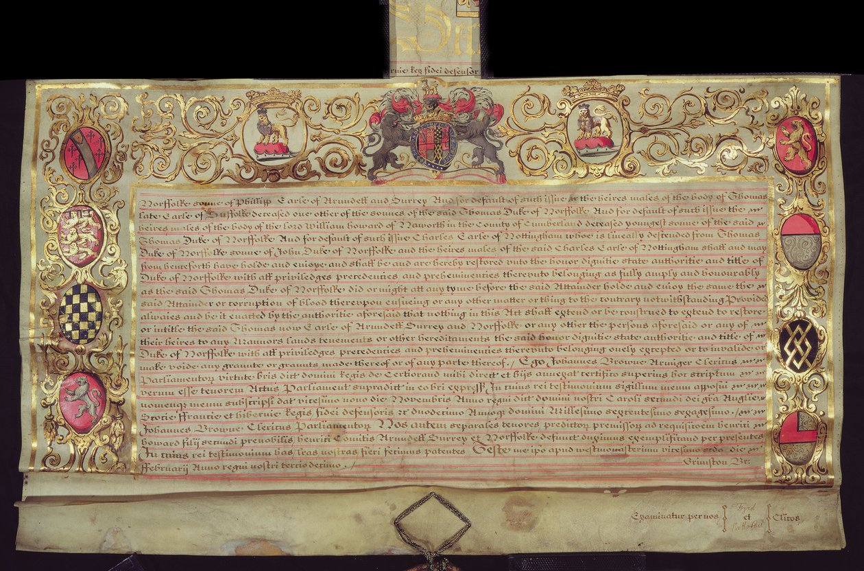 Szabadalom a Norfolki Hercegség helyreállításáról, II. Károly, 1660 (tinta és aranylevél pergamen) alkotó: English School