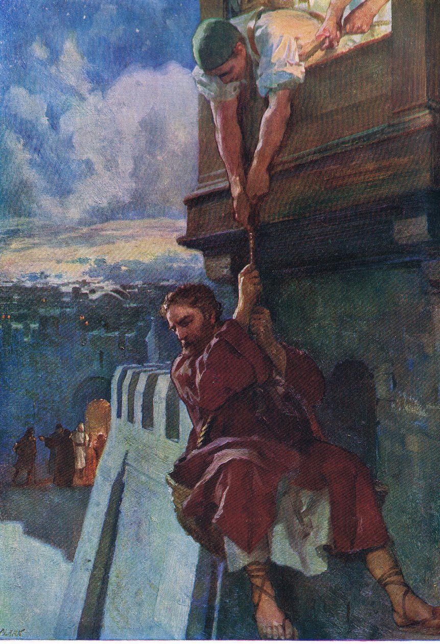 Pál menekülése Damaszkuszból, a Thomas Nelson által kiadott Biblia Képeskönyvből, 1950 körül (színes litó) alkotó: English School