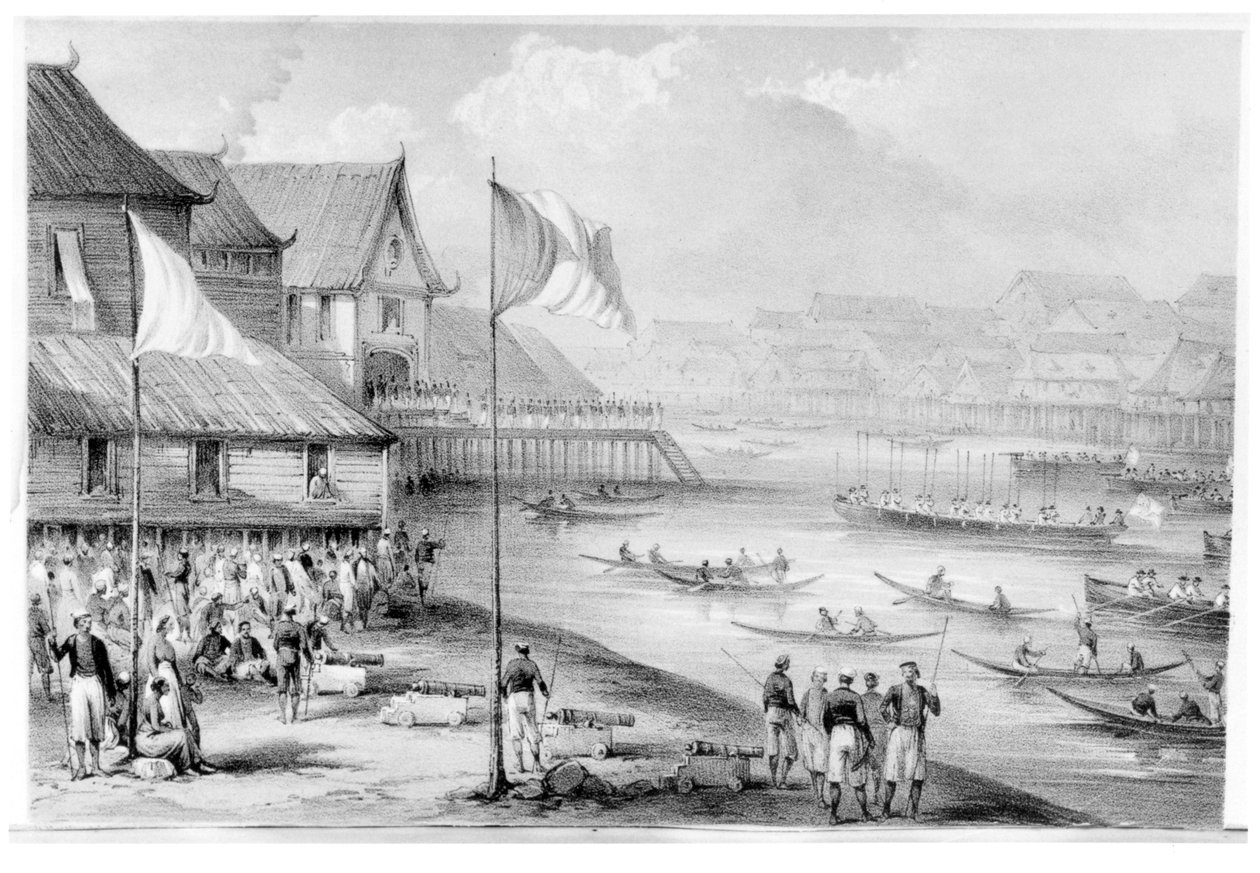 Pax Britannica egy borneói faluba érkezik, a Borneói és Celebesi események narratívája 2. kötet előlapja, Rodney Mundy, Labuan elfoglalásáig, 1848. alkotó: English School