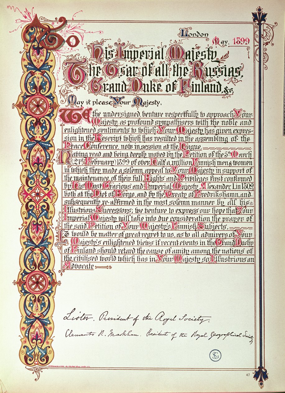 Petíció II. Miklós orosz cárhoz Finnország oroszosítása ellen tiltakozva, 1899 (világos papír) alkotó: English School