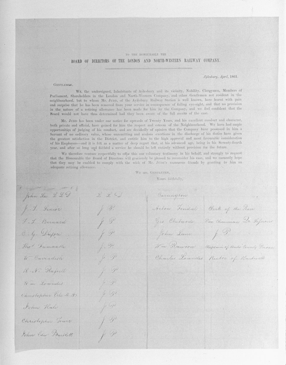 Petíció a London and North-Western Railway Company igazgatóihoz egy látásromlás miatt elbocsátott alkalmazott nevében, 1861 alkotó: English School
