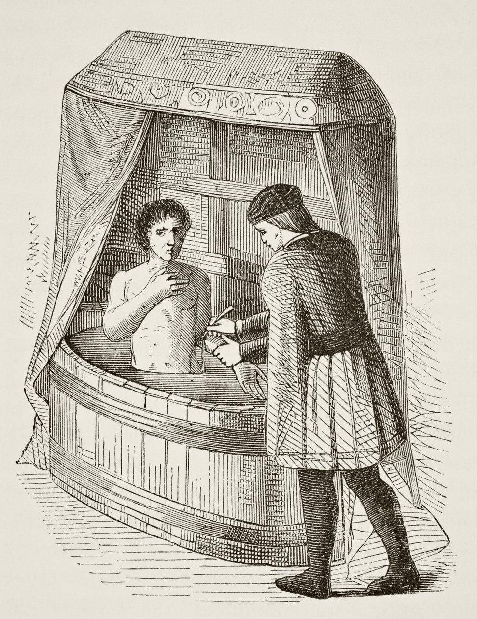 Orvos kivéreztet egy pácienst a 15. században, William Hickman Smith Aubrey (1858-1916) „Anglia nemzeti és hazai története” című könyvéből, London, 1890 körül. alkotó: English School