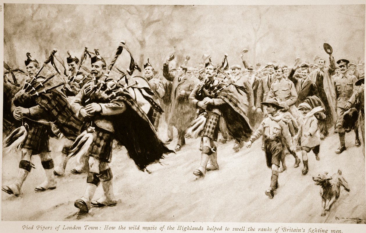 Pied Pipers of London Town: Hogyan segített a Felföld vad zenéje felduzzasztani a brit harcosok sorát, 1914-1919 alkotó: English School
