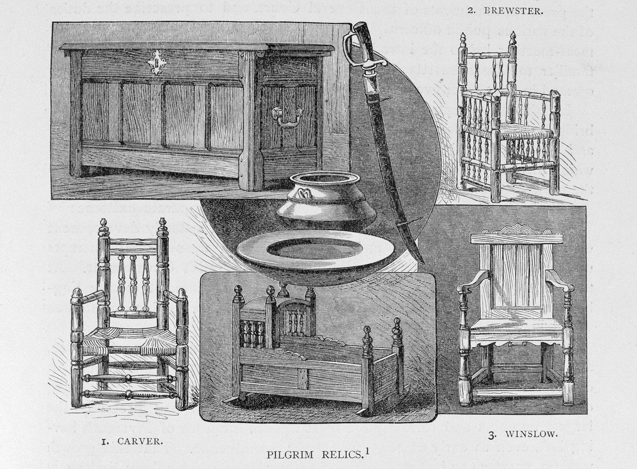 Zarándok ereklyék, illusztráció az "Amerika elbeszélő és kritikai története" III. kötetéből, 1886. alkotó: English School